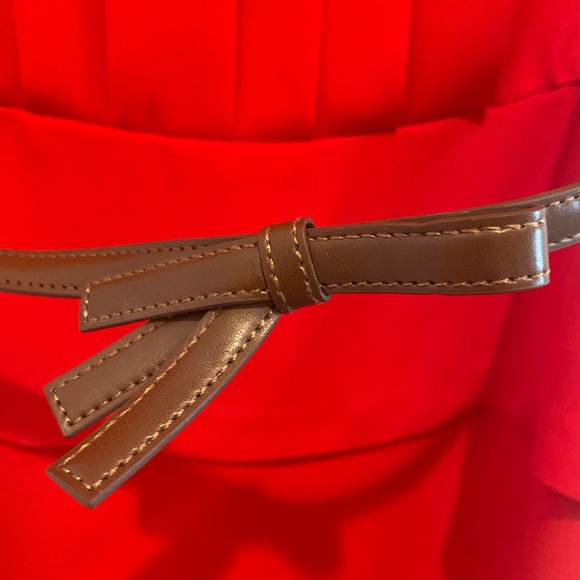 Red Tahari peplum dress with tan bow belt Size: 8 - Picture 2 of 4